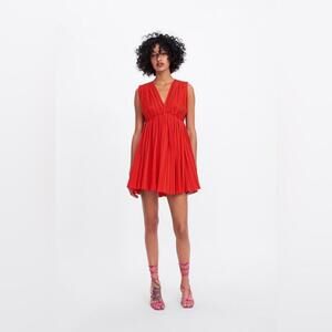 Zara Pleated Poplin Deep-V Mini Dress